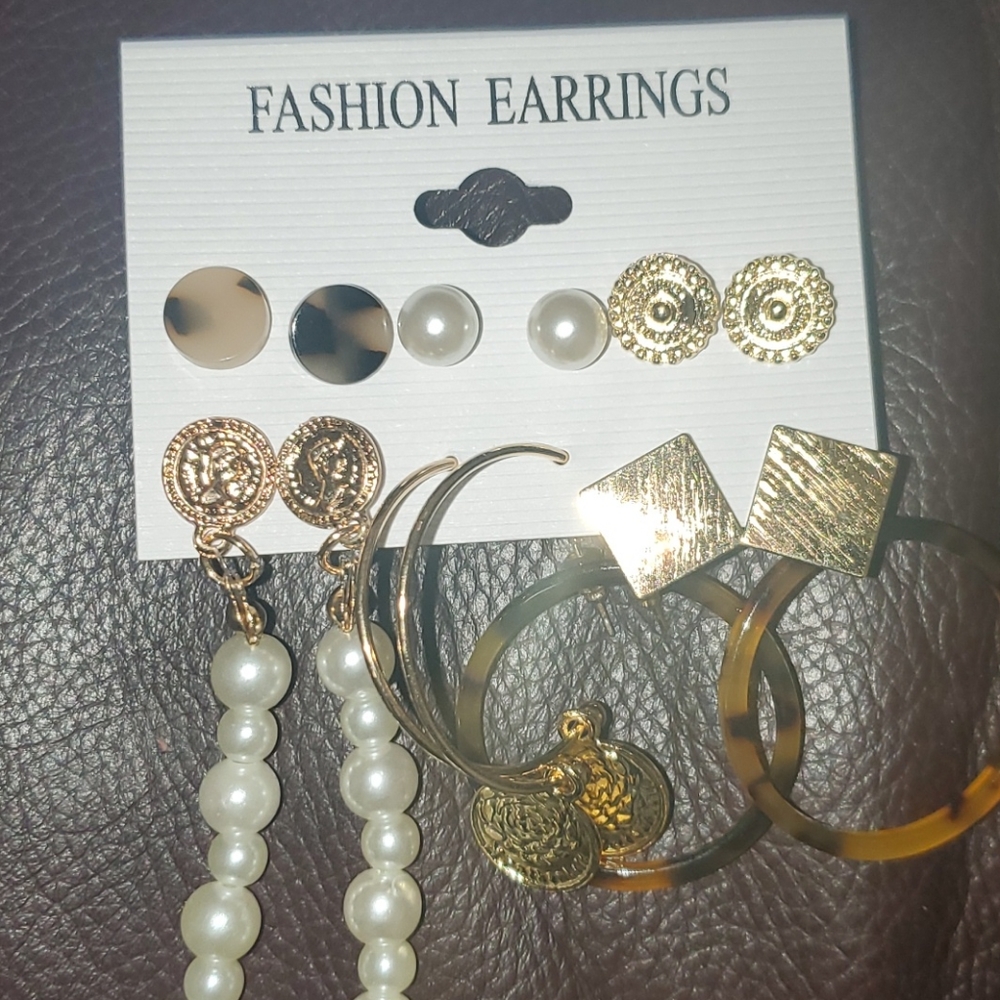 6 pair dangle and stud earrings faux pearl leopard
